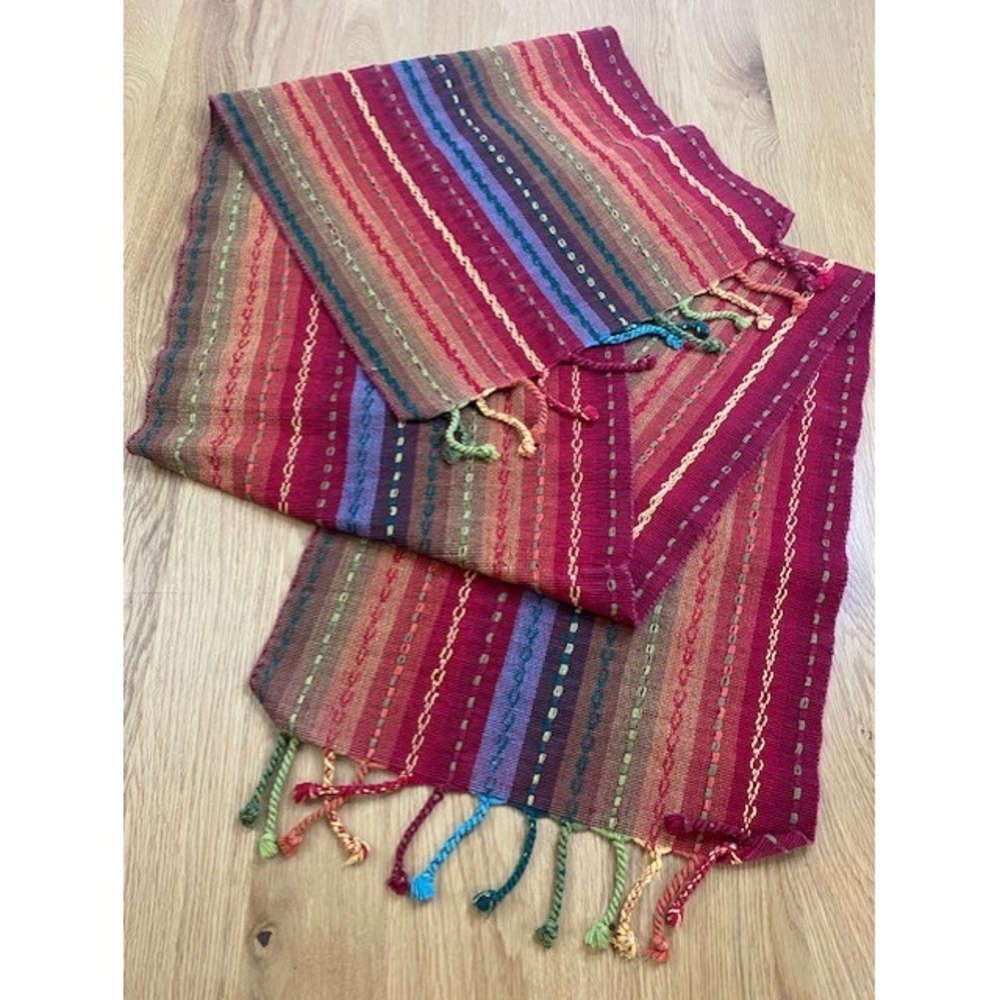 Pier 1 Table Runner Unisex OS Red Multi Excellent Boho Striped Fringe Woven